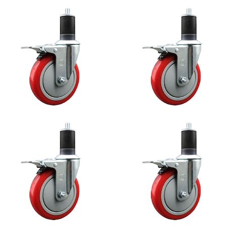 Service Caster 5'' Red Poly Swivel 1-5/8'' Expanding Stem Caster Set Total Lock Brake, 4PK SCC-EXTTL20S514-PPUB-RED-158-4
